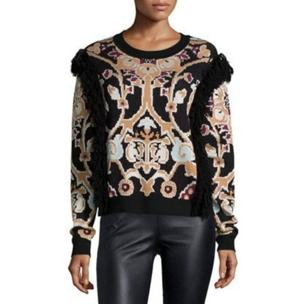 RONNY KOBO Sweater Tilda Geometric Print Fringe Long Sleeve Size XS 200